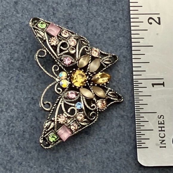 Butterfly Pin Brooch Silver As Is Rhinestone Pink Green Blue Yellow Retro Boho - Picture 10 of 11